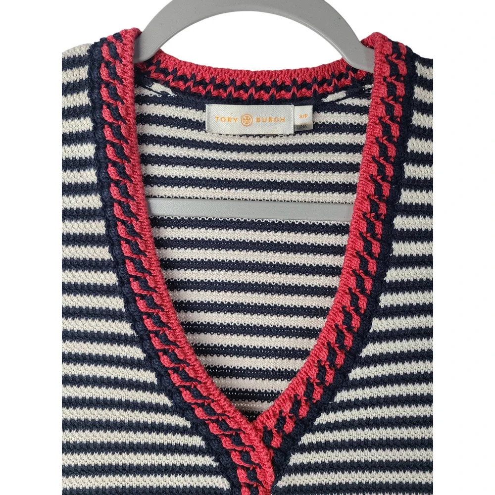 Tory Burch Sweater Women's Small Striped V-neck Pullover 3/4 Sleeve Cotton